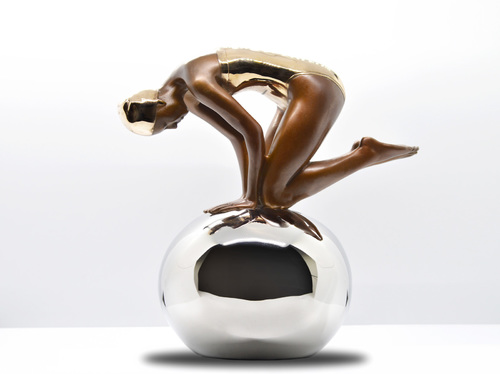 Miniature Quan Bronze Figure on Polished Stainless Steel Sphere